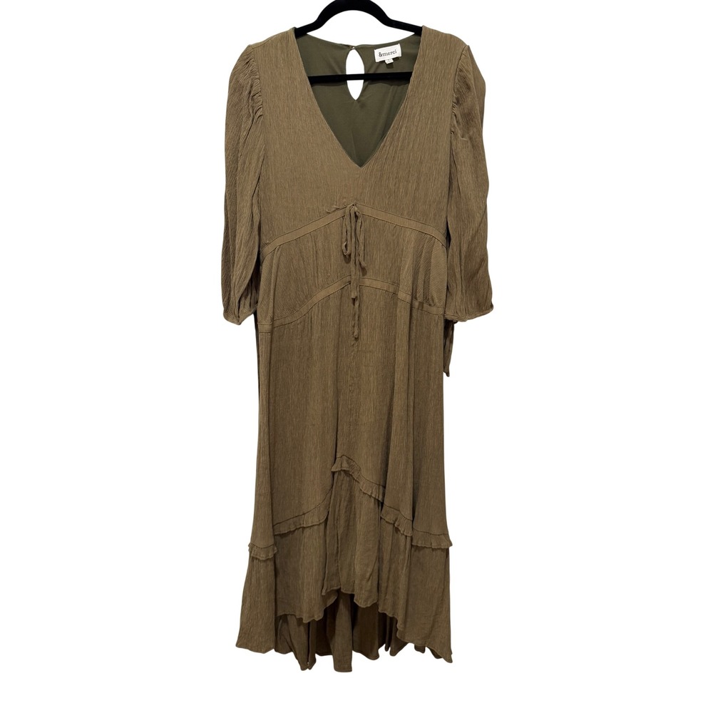 &merci Olive Green Tiered Midi Dress V-Neck High-Low Boho L